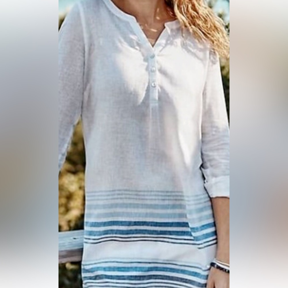 J. Jill White and Blue Striped Linen Blend Blouse in Sz XL